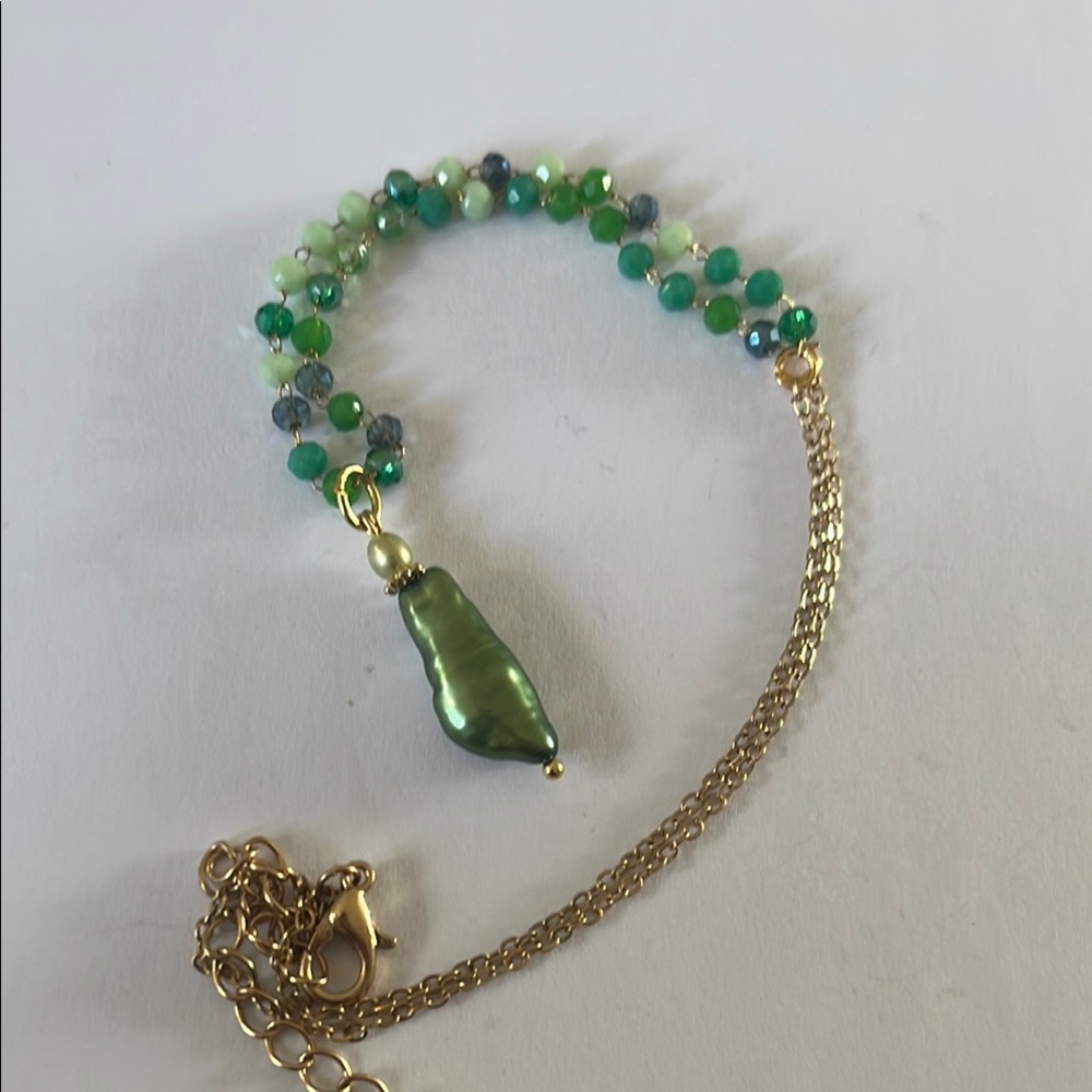 New Freshwater Pearls & Mixed Greens Czech Firepolished Glass & Chain Necklace